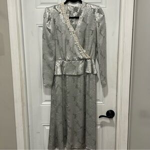 Vintage Gunne Sax McClintock Satin Lace Dress, Silver Floral long-sleeve, Sz 8